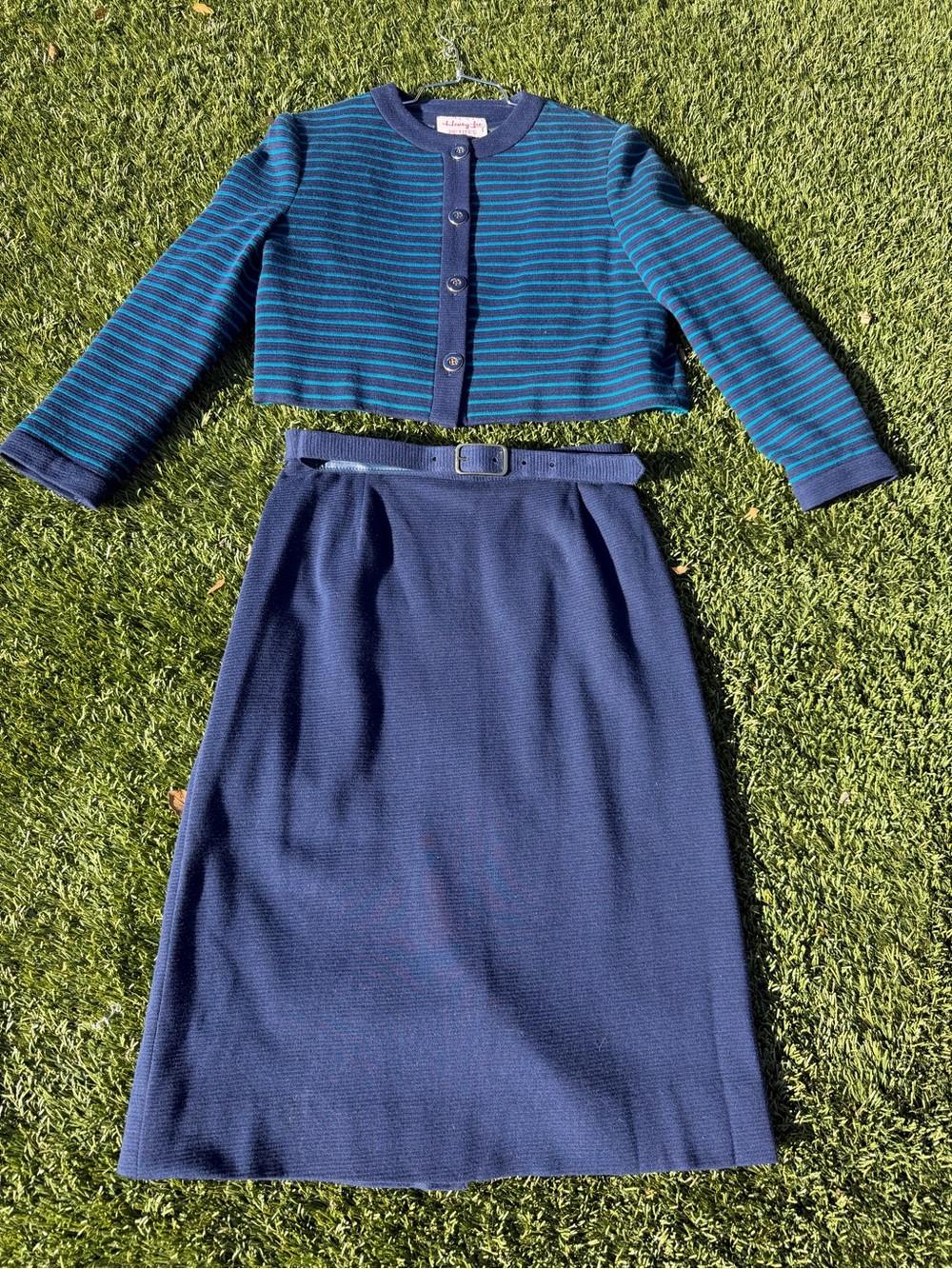 Vintage Henry Lee Blue Striped Cropped Jacket & Navy Skirt Set Petite sz 6